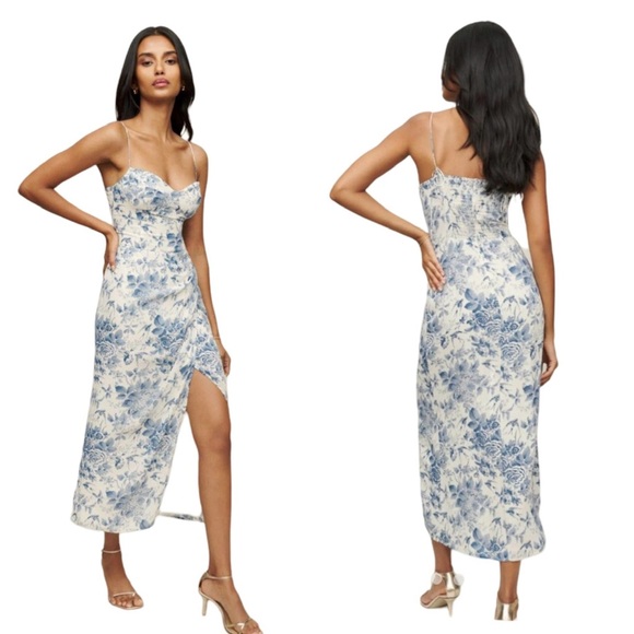 Reformation Kourtney Midi Dress Size 10 NWT Pompedour Blue Floral Wedding Guest - Picture 9 of 9